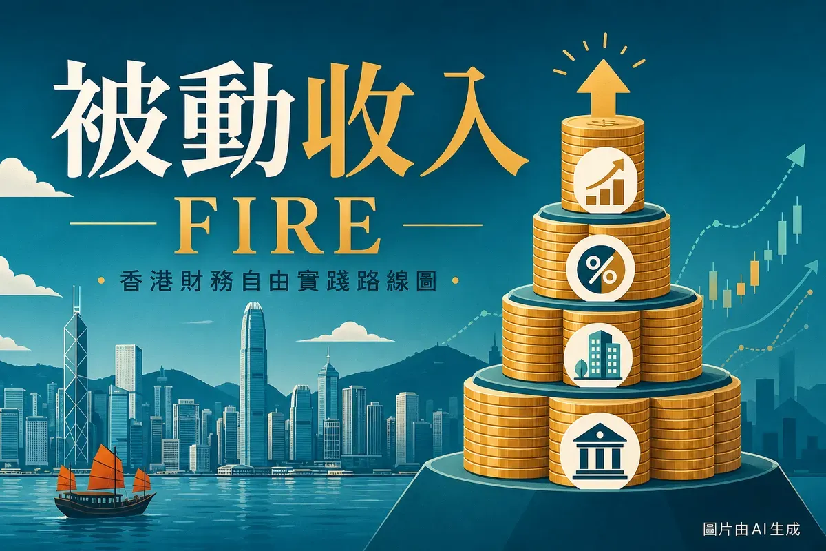 每月3萬被動收入FIRE路線圖插畫：維港天際線、港元硬幣堆疊金字塔、股息與REIT圖標、向上箭頭