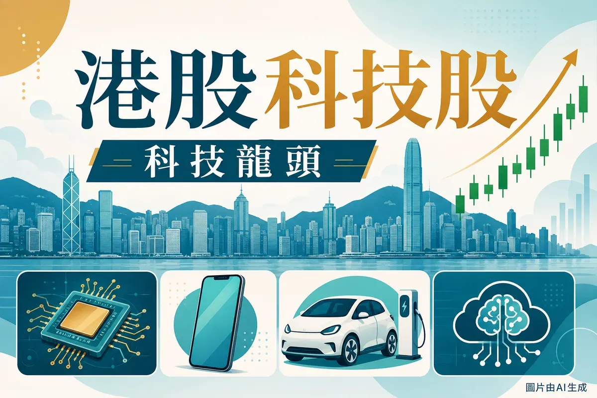 港股科技股2026示意圖：香港天際線、半導體晶片、智能手機、電動車與AI圖示，配回升的股市K線