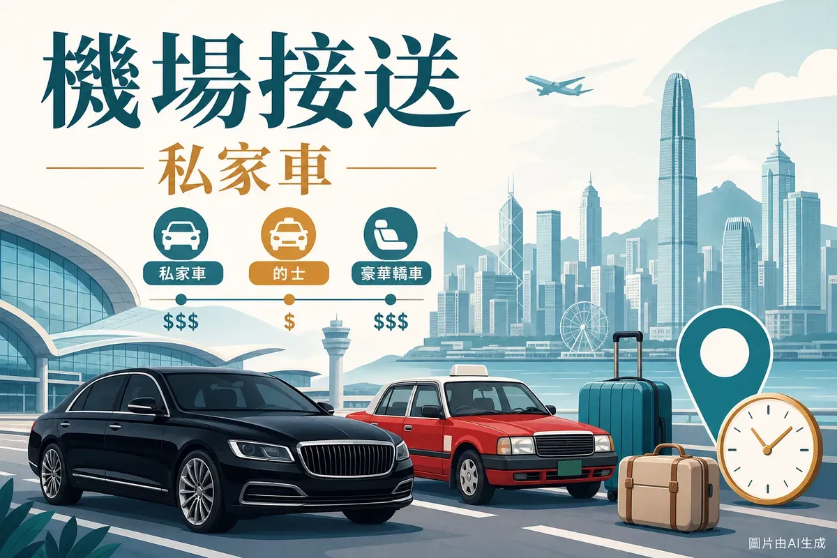 香港機場接送插圖：黑色私家車與紅色的士、行李、機場客運大樓與維港天際線、地點與時鐘圖示