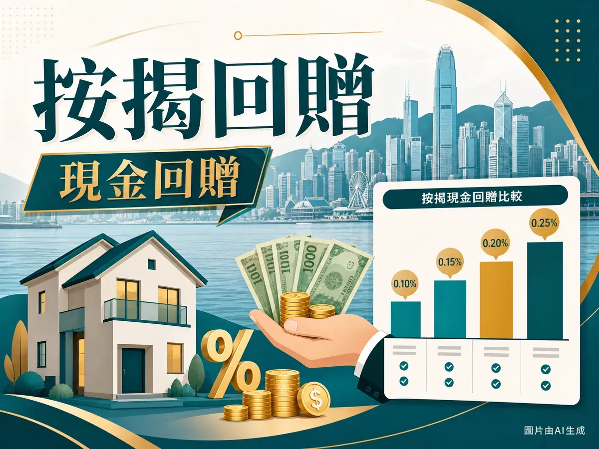 香港銀行按揭現金回贈比較插圖：樓宇、現金回贈、硬幣與香港城市景觀