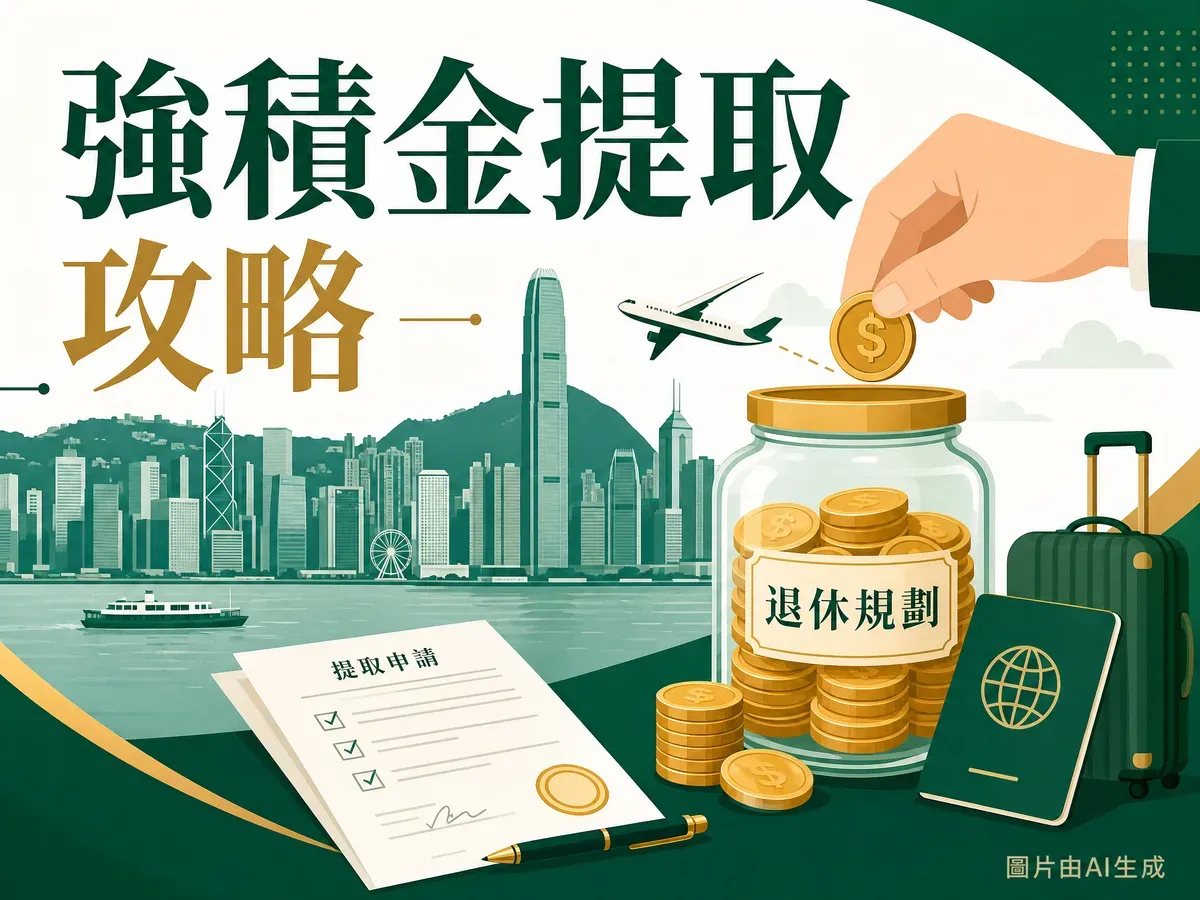 強積金提取插圖：退休基金、提取硬幣、飛機與香港城市景觀