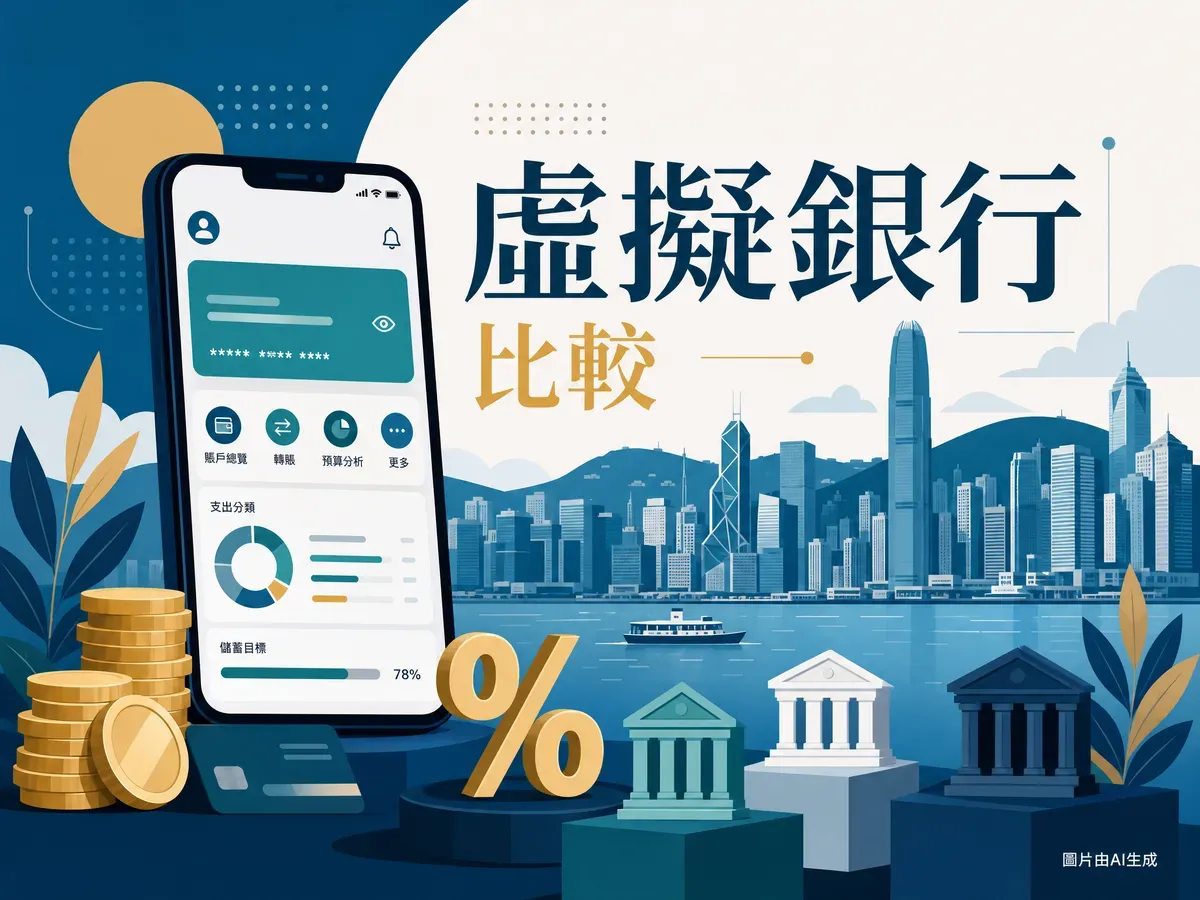 虛擬銀行比較插圖：智能手機網上銀行、硬幣、百分比與香港城市景觀