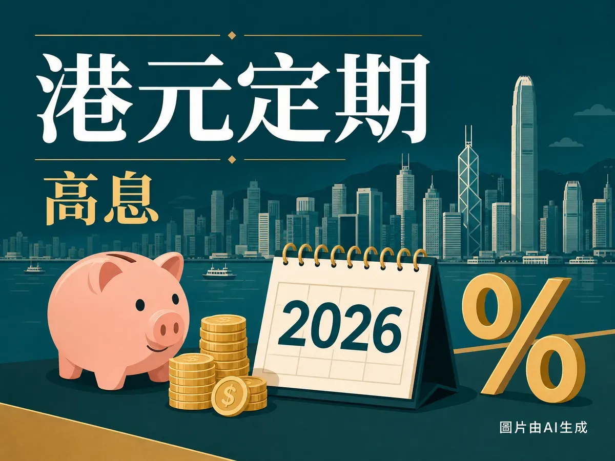 港元定期存款插圖：硬幣、錢罌、日曆、高息百分比與香港天際線