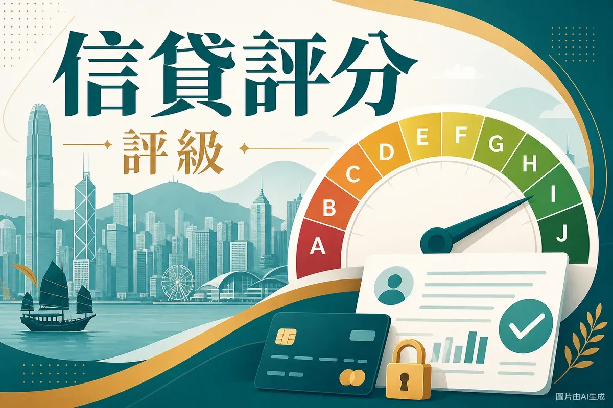 環聯信貸評分編輯插畫：A至J評級儀表、香港維港剪影、信用卡與報告文件、鎖頭圖示