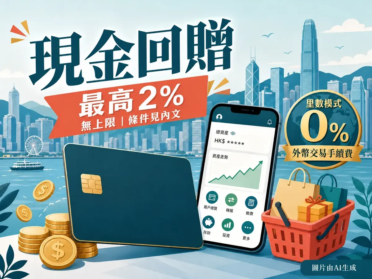 現金回贈插圖：標示最高2%、無上限及條件見內文，另一徽章註明里數模式0%外幣交易手續費，配以信用卡、手機、硬幣、購物籃及香港海港；附圖片由AI生成標示。