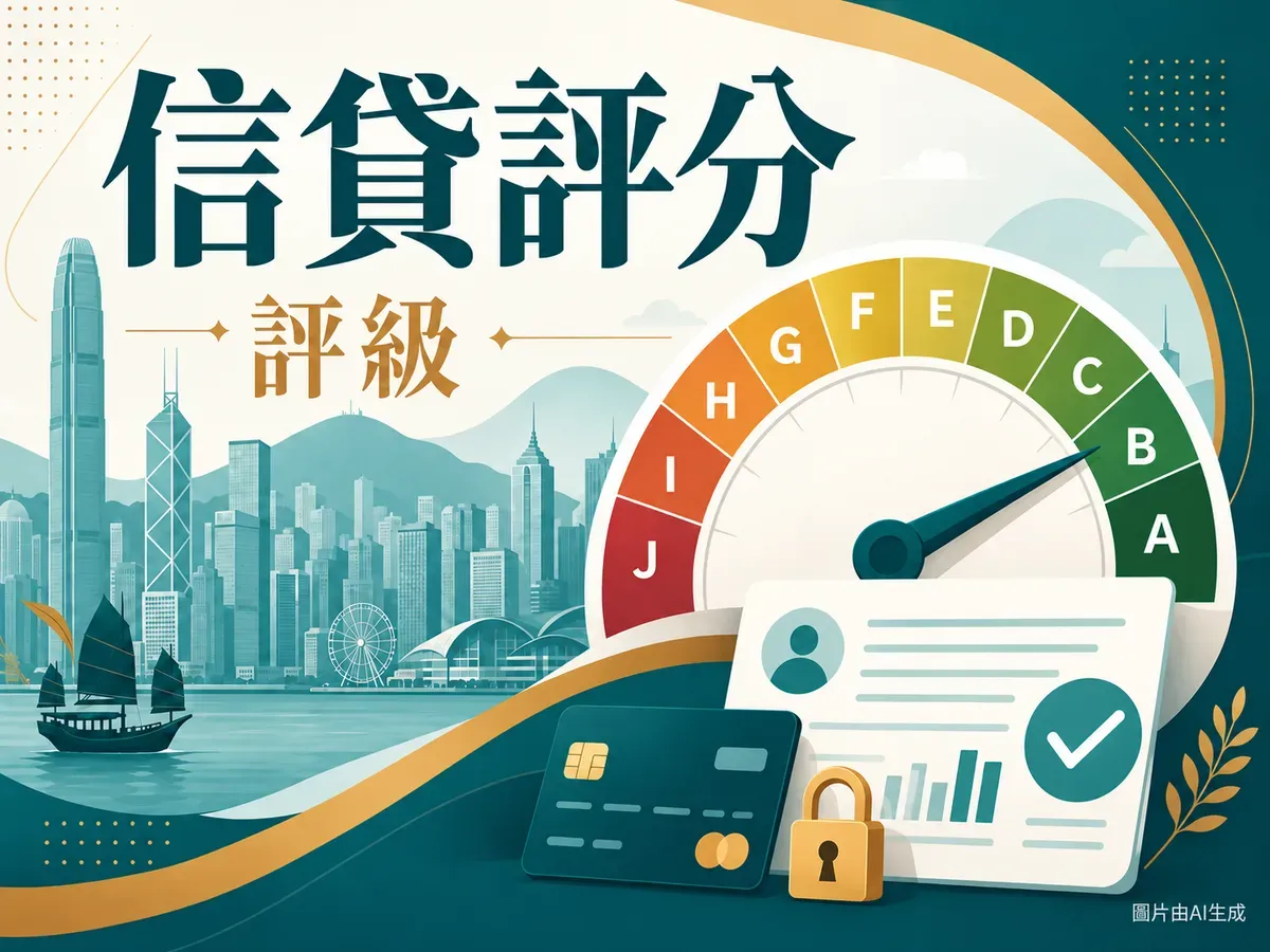信貸評分與評級示意插圖：維港天際線、信用卡、報告文件及鎖頭；等級儀表由左側紅色J至右側綠色A，指針僅為示意，沒有個人分數或分界數值，右下角標示圖片由AI生成。