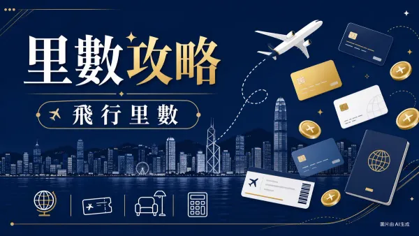 香港里數信用卡比較攻略封面圖：深藍色背景配金色字體，展示信用卡、飛機、護照及香港天際線
