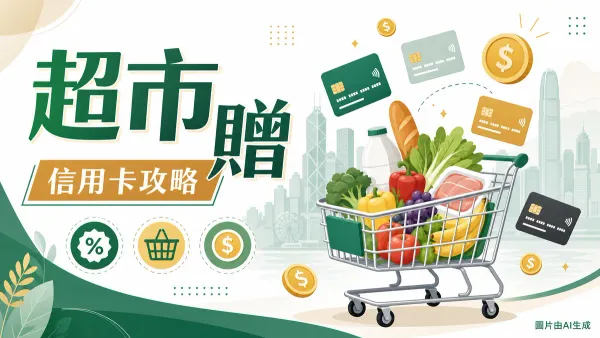 香港超市信用卡回贈攻略封面圖，展示購物車、信用卡和現金回贈元素