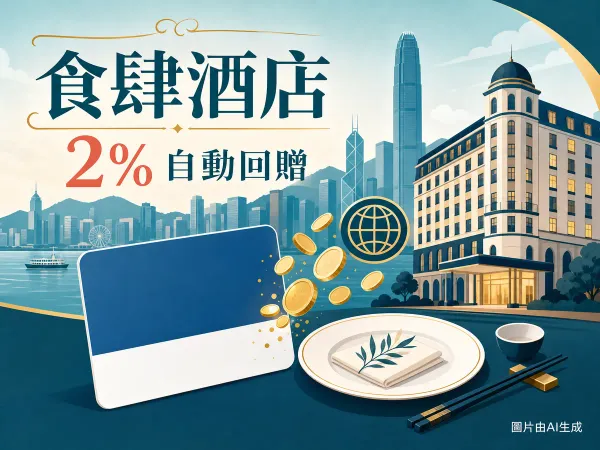 繁體中文編輯插畫：藍白信用卡、酒店與餐具元素，凸顯食肆/酒店/外幣 2% 自動回贈