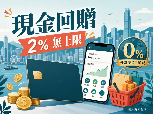 繁體中文編輯插畫：深色信用卡與虛擬銀行 App，凸顯 2% 無上限現金回贈與 0% 外幣手續費