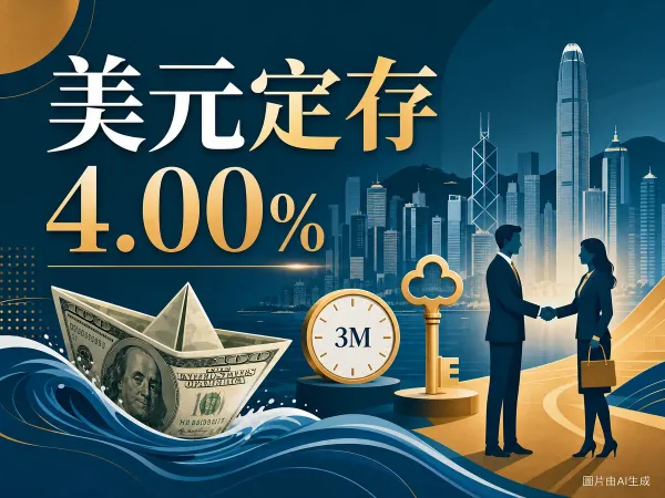 花旗 Citi 美元定期存款2026年6月編輯插畫：維港天際線剪影、美元紙幣摺成紙船、3M 時鐘與客戶經理對接概念圖。