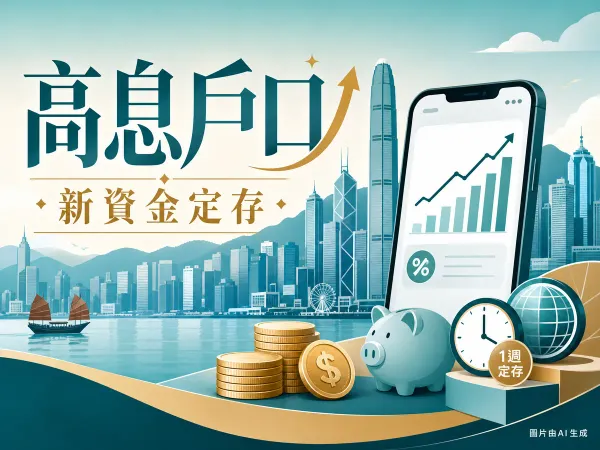 編輯插畫：智能手機展示利率上升圖表、港元錢幣、銀行存款與外幣兌換概念，香港維多利亞港天際線剪影，主題為高息戶口及新資金定存