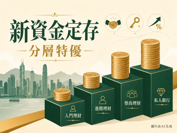 港元新資金定存四分層主題編輯插畫，含維港剪影與分層階梯