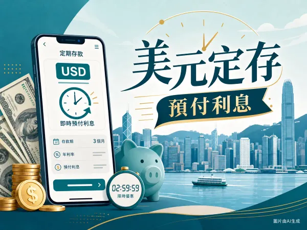 Mox Bank 美元定期存款編輯插畫：維港天際線剪影、美元符號、定存單與預付利息概念圖。