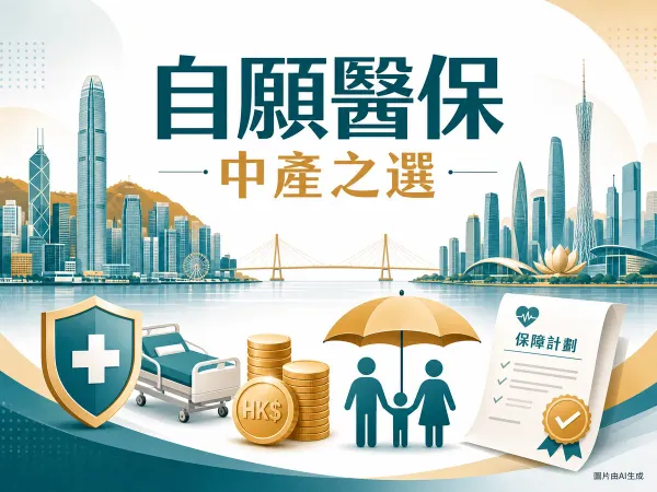 AI生成插畫：香港維港天際線與大灣區城市以橋相連，前景有醫療十字盾、HK$硬幣、雨傘下的三人家庭剪影、保單蓋章圖標、中文「自願醫保」「中產之選」字樣