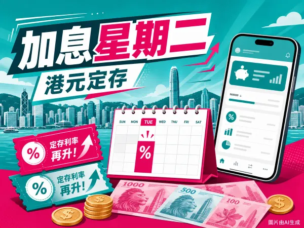 ZA Bank 港元定期存款編輯插畫：維港背景、加息星期二日曆、優惠券與港元符號。