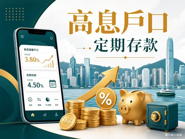 虛擬銀行高息活期與定期存款的編輯插畫，含手機銀行、硬幣、百分比與香港維港天際線