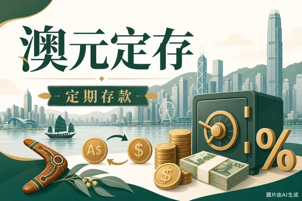 澳元定期存款插圖：銀行金庫、硬幣與鈔票、貨幣兌換箭咀、迴力鏢與尤加利葉，香港維港天際線