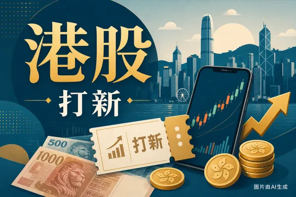 耀才證券2026收費評測插畫：維港天際線、手機港股K線圖、新股打新認購券與港元硬幣概念圖