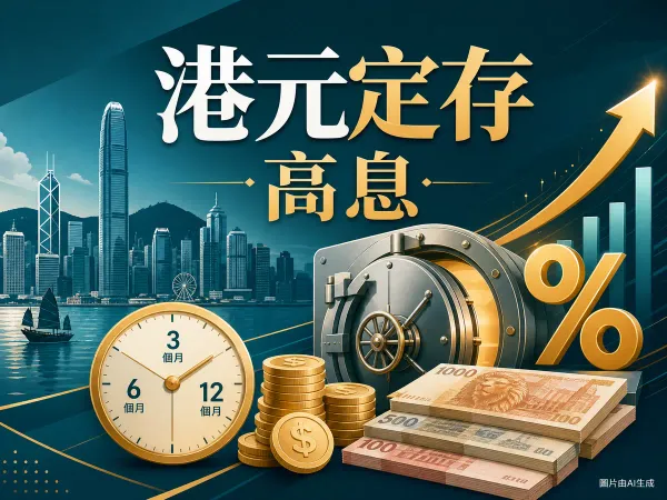 花旗港元定期存款2026年8月編輯插畫：維港天際線剪影、銀行金庫門、港元硬幣與紙幣、3個月時鐘與百分比符號。
