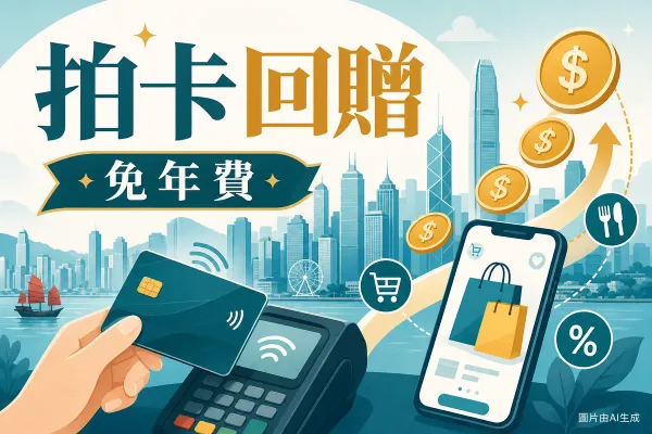 建行eye信用卡評測插圖：拍卡感應式付款、手機網購、現金回贈金幣、餐飲與購物圖示、香港天際線