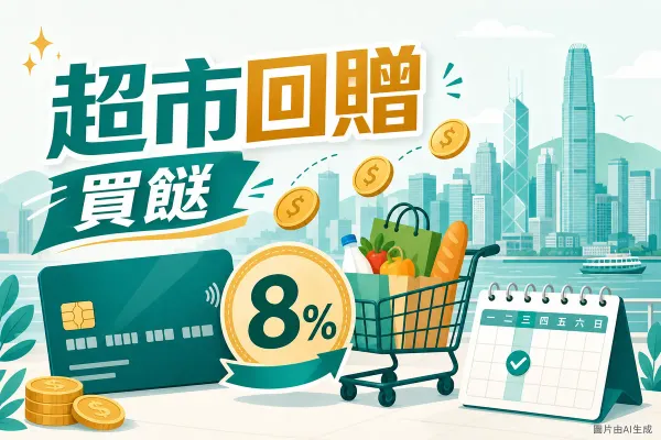 DBS COMPASS VISA 超市回贈插圖：綠色信用卡、購物車與餸菜、8% 回贈徽章、星期三日曆，香港城市景觀