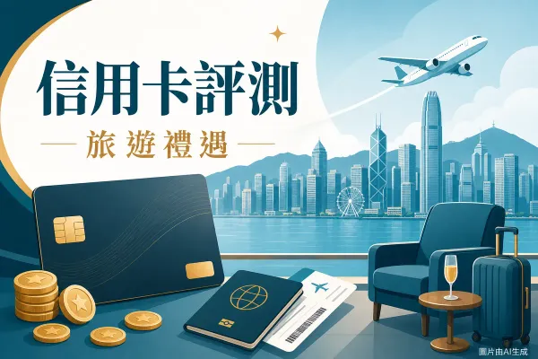 恒生優越理財World Mastercard評測示意圖：高端信用卡、機場貴賓室梳化、護照與登機證、飛機與香港天際線、回贈金幣
