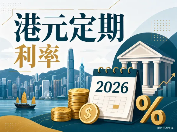 港元定期存款插圖：港元硬幣、日曆、利率百分比與香港天際線
