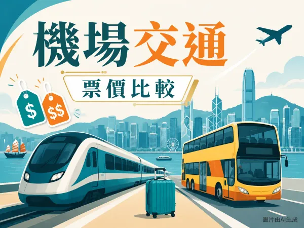 機場交通插圖：香港天際線、機場快綫列車與雙層巴士並排、飛機、行李與價錢牌