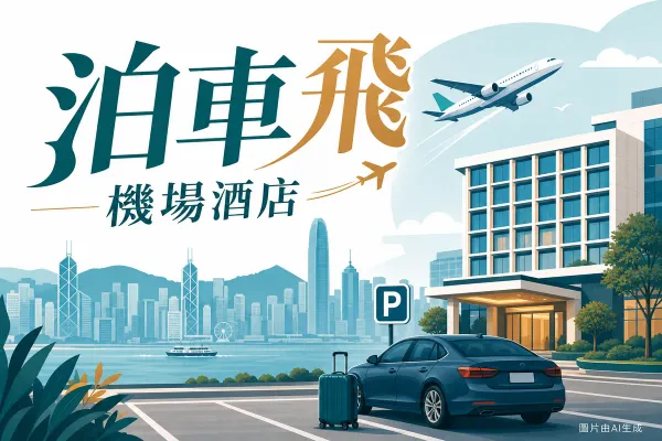 機場酒店泊車住宿套餐插畫：香港天際線、起飛客機、酒店建築、泊車位與行李箱