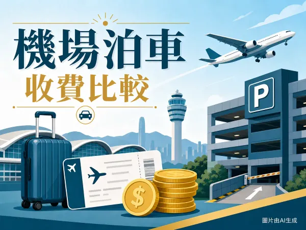 機場泊車收費比較插圖：客機起飛、多層停車場、行李箱、登機證與港元硬幣