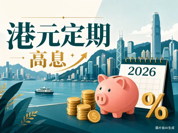 港元定期存款插圖：硬幣、錢罌、日曆與香港天際線