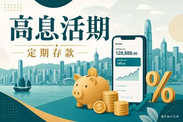 livi Save 高息戶口插圖：智能手機顯示儲蓄結餘、錢罌、港元硬幣、百分比符號與上升箭咀，香港維港天際線