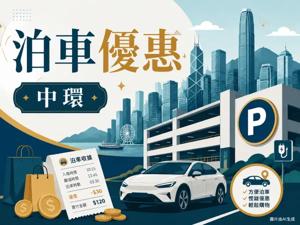 中環IFC商場泊車優惠插圖：中環天際線、多層停車場P字標誌、汽車、泊車收據、港元硬幣與電動車充電圖標