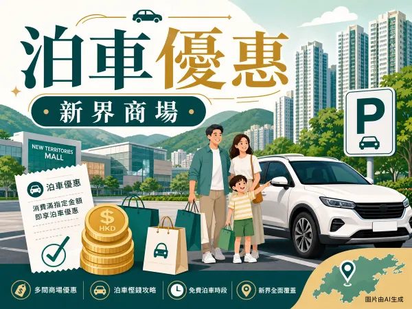 新界商場泊車優惠插圖：新市鎮與綠色山景、家庭車、購物袋與港元硬幣
