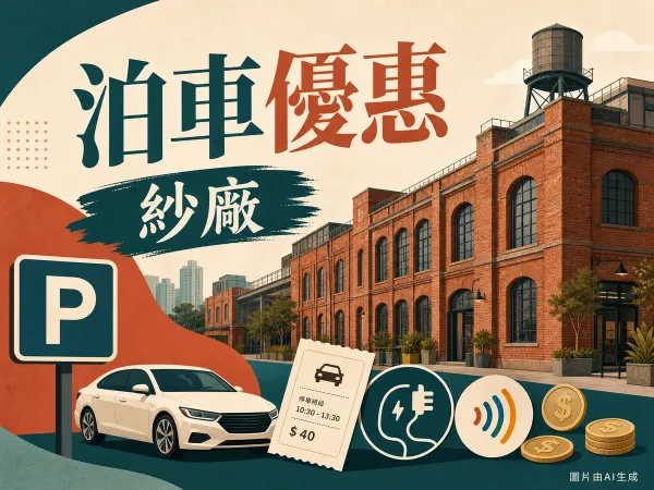 南豐紗廠泊車優惠插圖：荃灣紅磚活化紗廠建築、停車場P字標誌、私家車、泊車票、電動車充電插頭、拍卡付款與港元硬幣