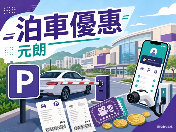 元朗YOHO MALL形點商場泊車優惠插圖：新界西商場停車場P字標誌、私家車、會員手機App、電動車充電插頭與港元硬幣