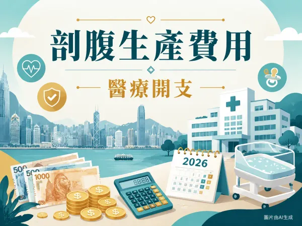 剖腹生產費用插圖：香港城市背景、醫院與嬰兒搖籃、港元鈔票與計算機、保險盾牌與心跳線