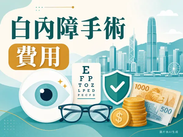 白內障手術費用插圖：香港城市背景、眼睛圖標、眼鏡、保險盾牌及港元硬幣
