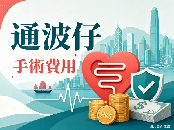 通波仔手術費用插圖：香港城市背景、心臟與支架圖案、心跳線、保險盾牌與港元硬幣