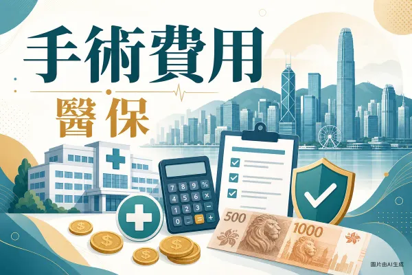 痔瘡手術費用2026插畫：香港城市背景、醫院與醫療十字、計算機、保險盾牌與港元鈔票硬幣