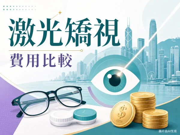激光矯視費用插圖：香港城市背景、眼睛與激光線、眼鏡、隱形眼鏡盒與港元硬幣
