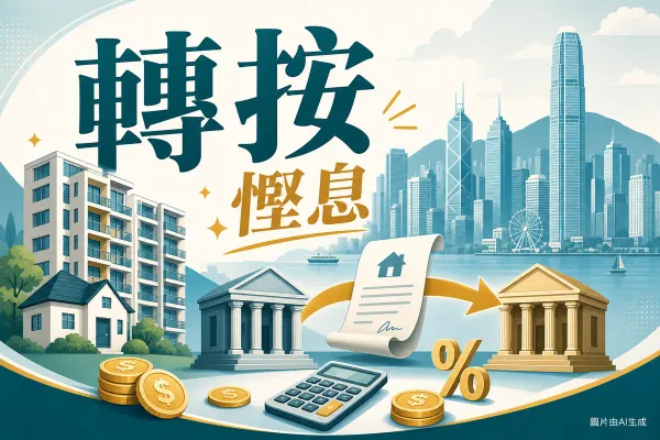 轉按攻略插圖：香港天際線、住宅大廈、按揭合約由一間銀行轉去另一間銀行、金幣與計算機、百分比符號