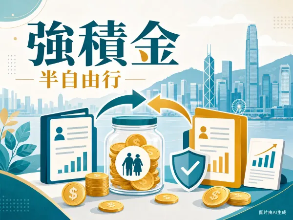 強積金僱員自選安排半自由行插圖：香港維港天際線、退休儲蓄錢罌、基金轉移箭嘴、盾牌剔號、回報圖表與港元硬幣