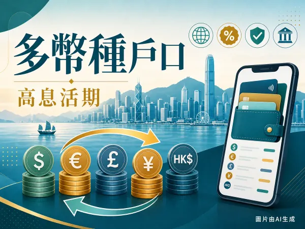 多幣種高息活期戶口2026編輯插畫：維港天際線剪影、多國貨幣硬幣與兌換循環箭頭、手機錢包與全球化概念圖