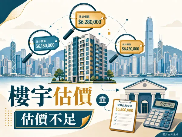 香港樓宇估價示意圖：住宅大廈配三大代理網上估價與銀行估價對照（圖片由AI生成）