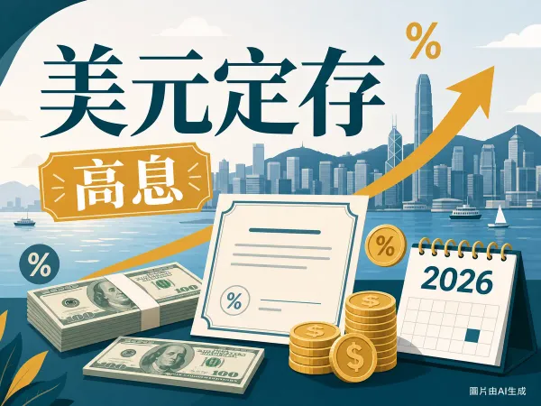 渣打美元定期存款利率比較插圖，香港維港天際線、美元鈔票與2026年月曆
