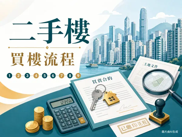 二手樓買樓流程插圖：香港住宅樓宇、買賣合約、查冊放大鏡、印花稅印章及按揭計算機