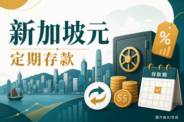 新加坡元定期存款比較插圖：香港天際線、銀行金庫、硬幣、貨幣兌換箭頭與存款期日曆