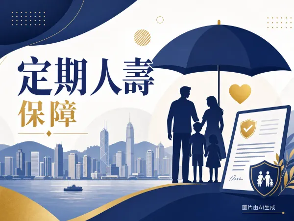 定期人壽保險插圖：保障雨傘、家庭剪影、文件與香港天際線